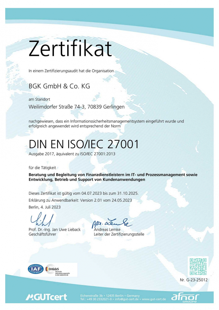BGK ist nach ISO 27001 zertifiziert